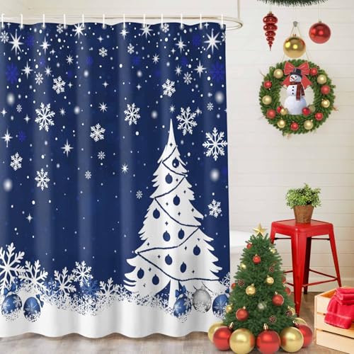 Ueplerts Navy Blue Christmas Shower Curtain Set with Hooks - 72x72 Inch Waterproof Holiday Bathroom Decor