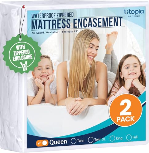 Queen Mattress Protector 2 Pack Waterproof Zippered Encasements - Utopia Bedding
