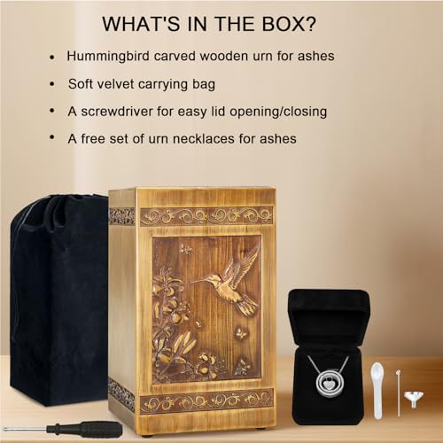 Hummingbird Carved Wooden Urn for Ashes - Large Cremation Memorial Box for Adults, with Velvet Bag & Necklace