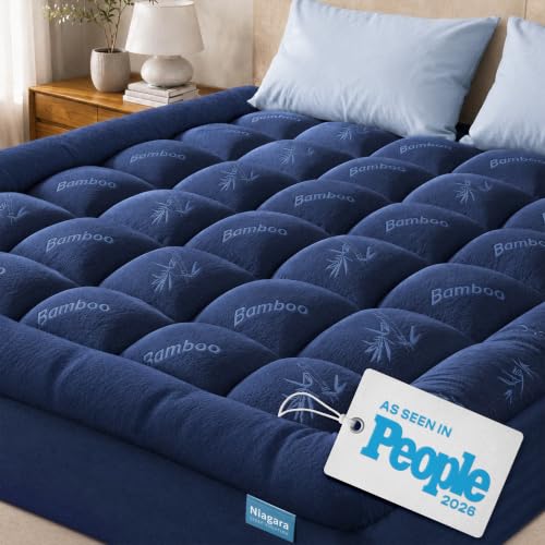 Navy Blue King Mattress Topper - Ultra Soft Bamboo Rayon, Back Pain Relief