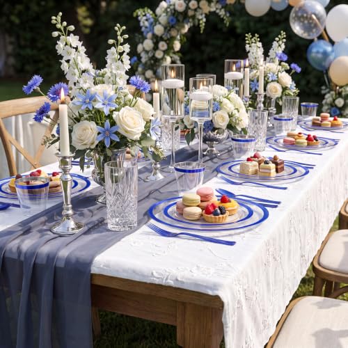 700Pcs Dark Blue Plastic Dinnerware Set for 100 Guests - Clear Plates & Utensils