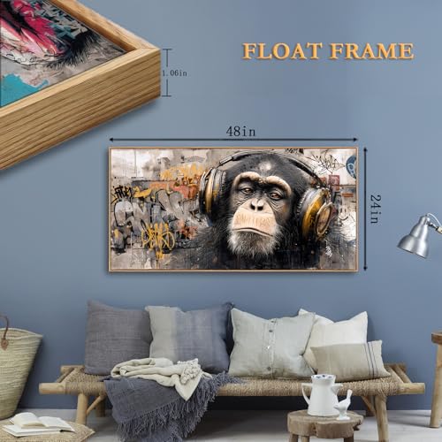 Sorbrozo 24x48in Gorilla Wall Art with Orange Headphones – Street Graffiti Canvas, Modern Animal Decor for Bedroom & Man Cave (Grey-4)