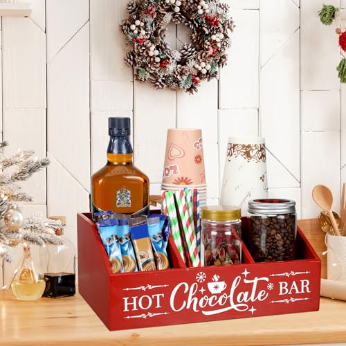 Barydat Red Hot Cocoa Bar Organizer Wood Countertop with 4 Compartments