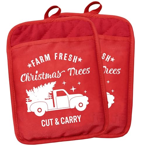 YeiHe Farm Fresh Christmas Trees Red Pot Holders with Pockets, Sdanjxl-15, Heat-Resistant Oven Mitts & Hot Pads for Kitchen Baking & Cooking