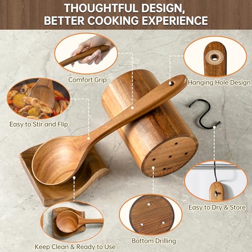 12 PCS Wooden Utensil Set with Storage Stand - Acacia Kitchen Tools for Cooking