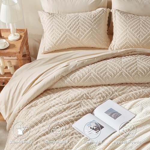 Zzlpp Queen Comforter Set 7 Piece Beige Bed in a Bag - Queen, All Season Cozy Bedding with Tufted Design