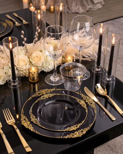 Black and Gold Disposable Dinnerware Set for 100 Guests - Baroque Style Plates and Utensils
