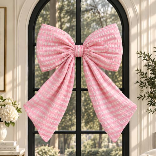 Pink Textured Cotton Gingham Bow - 40x24 Inch Oversized Decor with Double-Sided Tape