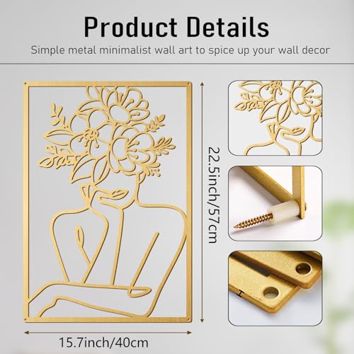 Bakovity Gold Metal Abstract Wall Art Set 22.5 x 15.7 in - Floral Minimalist Line Decor for Bedroom & Living Room