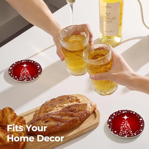 Christmas Tree Sparkling Stars Coasters Set of 6 with Metal Holder, Absorbent Ceramic Holiday Drink Coasters