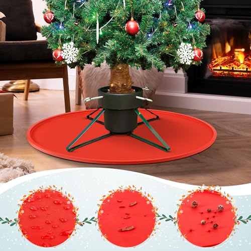 Dunkive 31 Inch Red Silicone Christmas Tree Mat Heavy Duty Floor Protector Waterproof Xmas Stand Pad