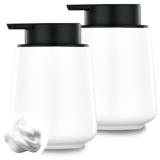 12Oz White Foam Soap Dispenser - Ceramic Foaming Hand Soap Dispenser Set with Easy-to-Press Pump, Refillable Liquid Dish Soap Dispenser for Bathroom and Kitchen, 2 Pack