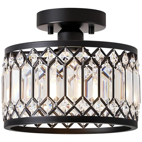 Pevfah Black Crystal Ceiling Light - 9 Inch Semi Flush Fixture for Small Spaces