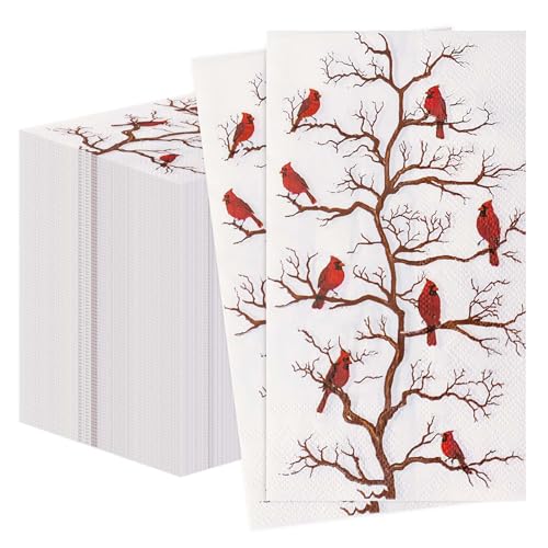 25 Pcs Christmas Dinner Napkins 3-Ply Red Bird Disposable Holiday Party Paper Towels