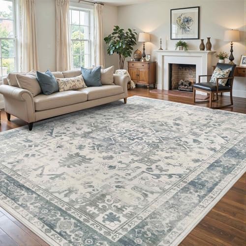 Blue & Grey 8x10 Boho Vintage Area Rug - Washable Non-Slip Living Room Carpet