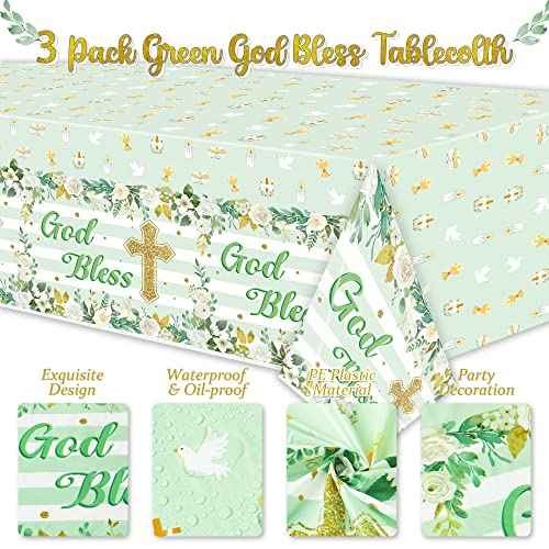 God Bless Baptism Tablecloth - 3-Pack Green Baptism Table Cover Christmas Winter Xmas New Year Party God Bless Cross Religious Waterproof Rectangle First Communion Baby Shower(54x108 Inch)