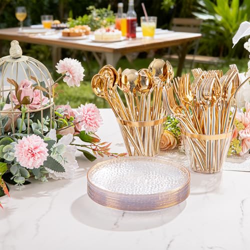 Rubtlamp 100 Pack Clear Gold Plastic Dessert Plates 6 Inch - Hammered Elegant Appetizer & Cake Plates for Weddings & Parties