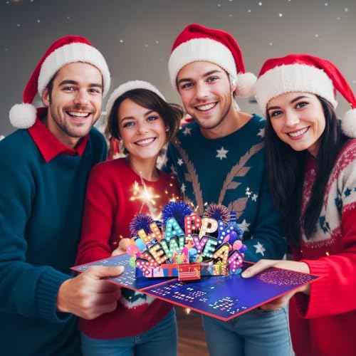 New Year Card Pop Up, Happy New Year Holidays Card, Colorful New Year's Cards, 3D Greeting Card for New Years, Include Envelope.