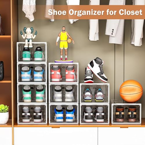 Caktraie 10 Pack White Stackable Shoe Organizer with Clear Front Door