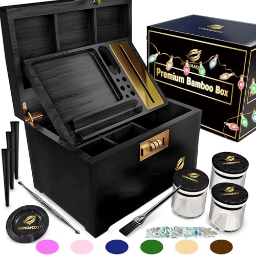 Black Bamboo Storage Box with Organizer Tray & Combination Lock - Large Wooden Container Kit