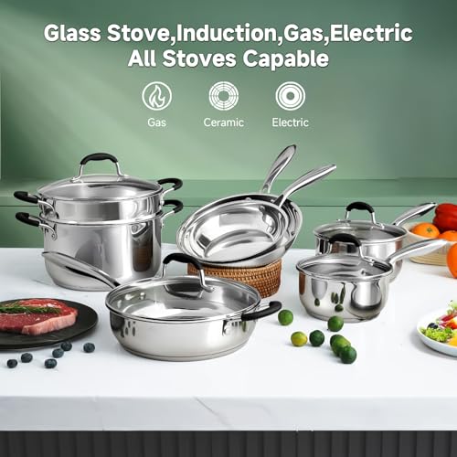 11-Piece Stainless Steel Cookware Set with Steamer & Heat-Resistant Handles