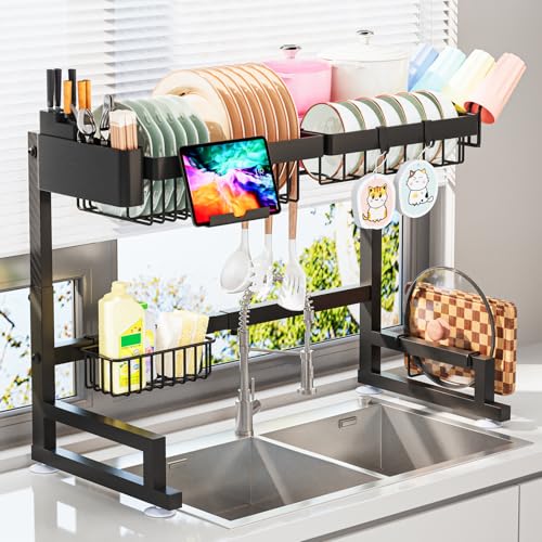 Black Over The Sink Dish Drying Rack 22.6-35.5" Expandable 2-Tier Kitchen Organizer