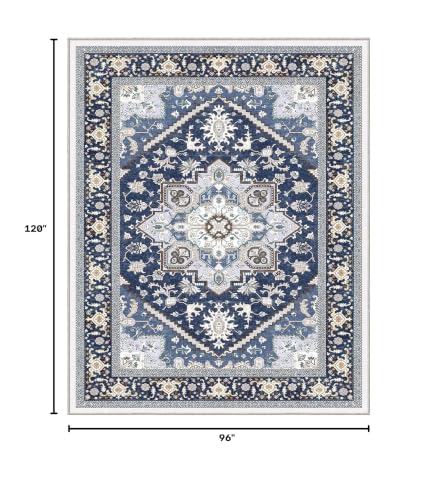 8x10 Blue & Gold Persian-Inspired Washable Area Rug - Soft Faux Wool