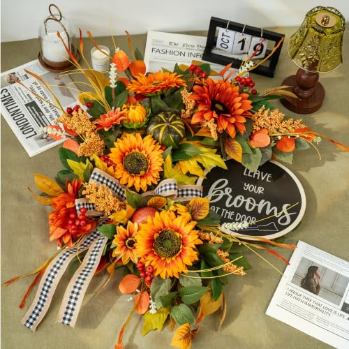 Peony Fall Wreath for Front Door 24 Inch Autumn Rustic Sunflower Decor