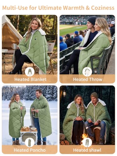 Green Battery-Operated Heated Blanket Hoodie Throw for Outdoors - 70.8"x51.2"