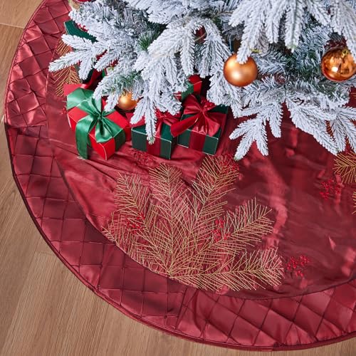 ONGLYP Red 50 Inch Embroidered Pine Branches Christmas Tree Skirt - Deluxe Holiday Decor