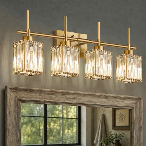 Brushed Gold Bathroom Vanity Light 4-Lights Crystal Square Shade Over Mirror