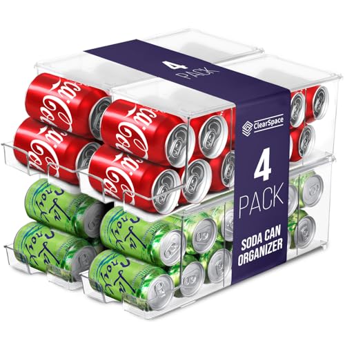 ClearSpace 4-Pack Soda Can Organizer Dispenser for Refrigerator & Pantry, Stackable, 12 Cans Capacity