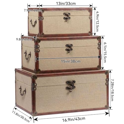 Farmhouse Storage Trunks Set of 3 Linen and Wood Vintage Chests for Living Room & Bedroom