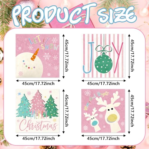 Pink Christmas Pillow Covers Set of 4 18x18 Inches – Linen-Texture Holiday Throw Cushions