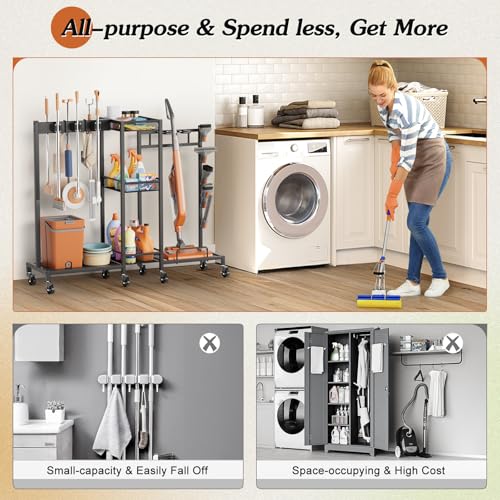 Olakee Black 3-in-1 Broom Holder & Storage Organizer for Laundry & Utility Rooms