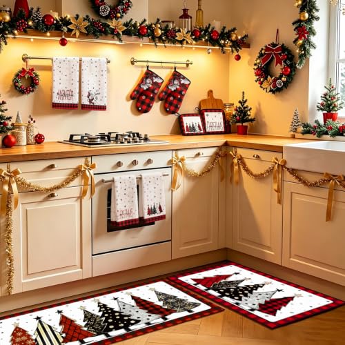ZYQEXA 10-Piece Christmas Kitchen Decor Set with Snowman Oven Mitts & Tree Pot Holders - Red & Black Variant