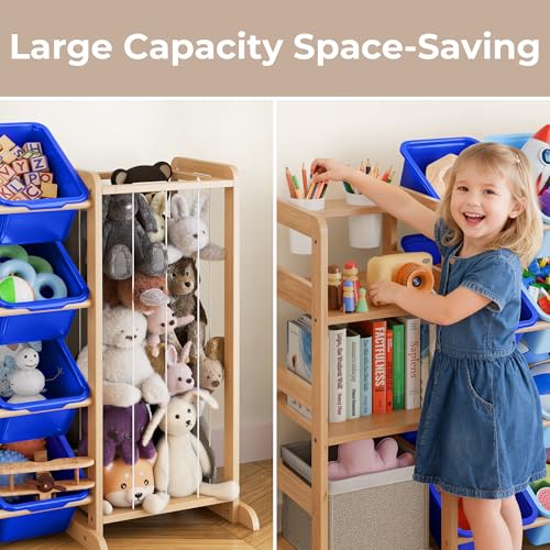 Kids Toy Storage Organizer with Bookshelf & 12 Bins - Blue, 55.2" Wide, 3 Shelves & Toddler Playroom Storage