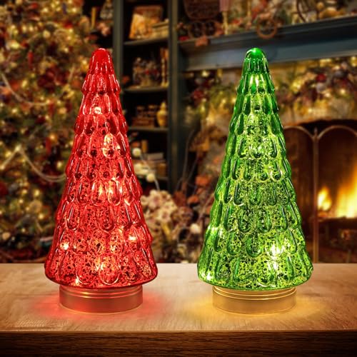 PHITRIC Red & Green Glass Christmas Trees with LED Timer - Indoor Holiday Decor, 2 pcs
