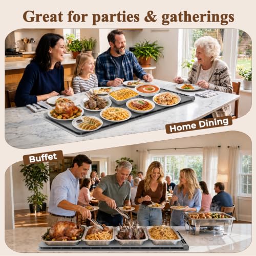 Electric Food Warming Mat with Heat-Resistant Pad - XL 15x35.5 Inches Gray - Preset & Adjustable Temperature