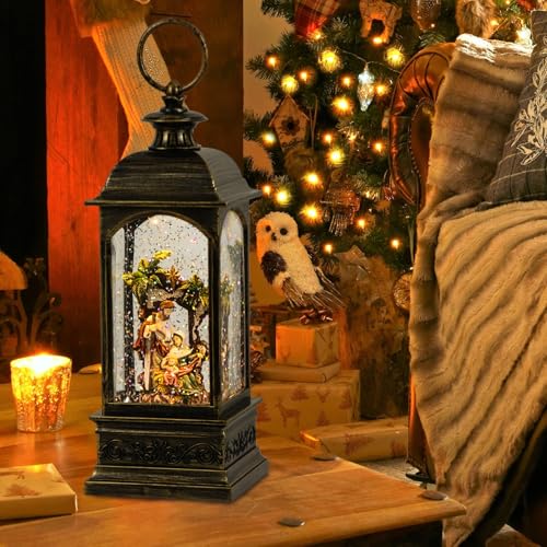 Eldnacele Bronze Nativity Snow Globe Lantern with 6 Hour Timer - USB/Battery Operated
