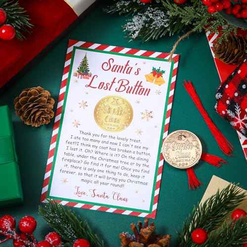 Daifunli Santa's Lost Button Set, Extra Large 1.38 Inch Diameter Alloy Santa Claus Missing Button with 3.9 x 5.91 Inch Express Letter and Red Thread Evidence Kit for Christmas Morning(Gold)