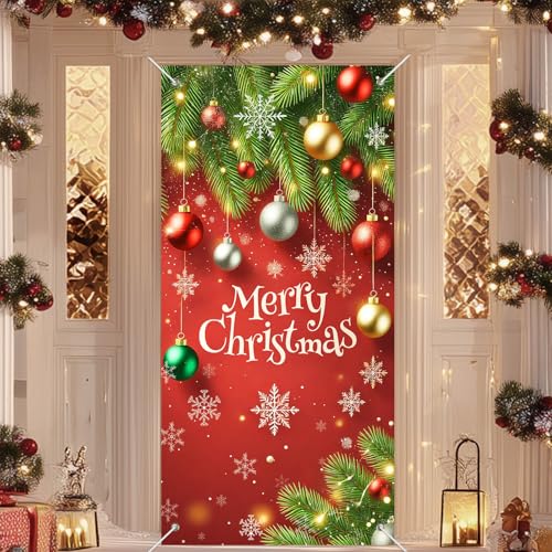 IVN Christmas Red Door Cover Banner with Ornament Branch - 71x35 Inch