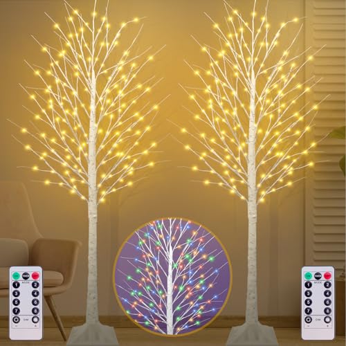 7FT Lighted Birch Tree with 170 LED Warm White and Multicolor Lights,