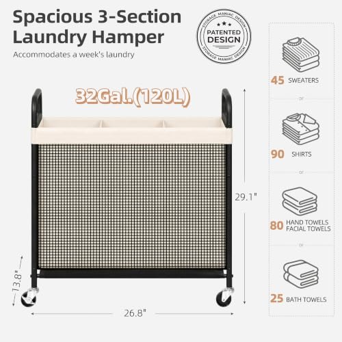 STORAGE MANIAC Rolling Laundry Hamper with Wheels 3-Section Sorter