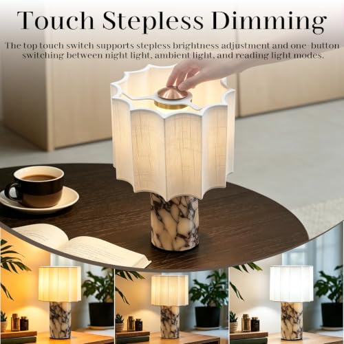 DGRGRHBV Rice White Marble Touch Table Lamp with Linen Shade - Cordless Rechargeable Night Light for Bedroom & Bedside