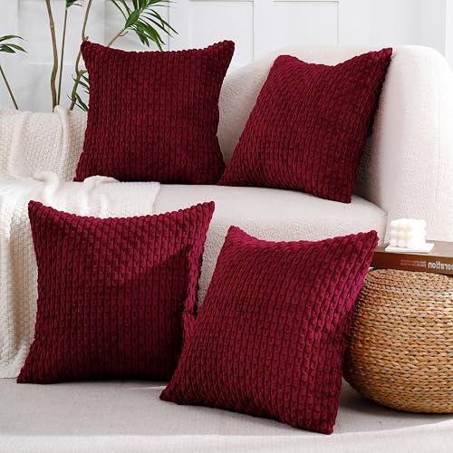 VAKADO 18x18 Red Corduroy Throw Pillow Covers Set of 4 for Sofa & Bed - Luxury Square Cushions