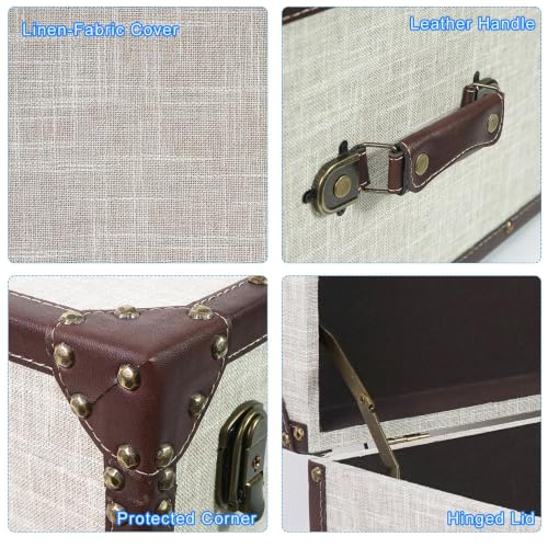 Large Decorative Wooden Storage Chest with Linen Fabric Cover - White Linen