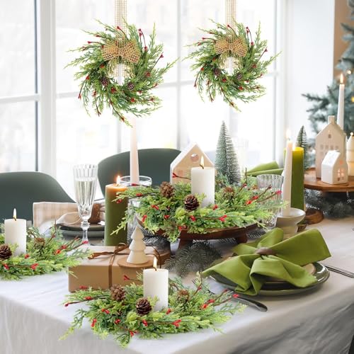 YLOLUL Cedar Artificial Christmas Candle Rings 8 Pcs, 9 Inch Wreaths with Berries & Pinecones, Winter Holiday Decor