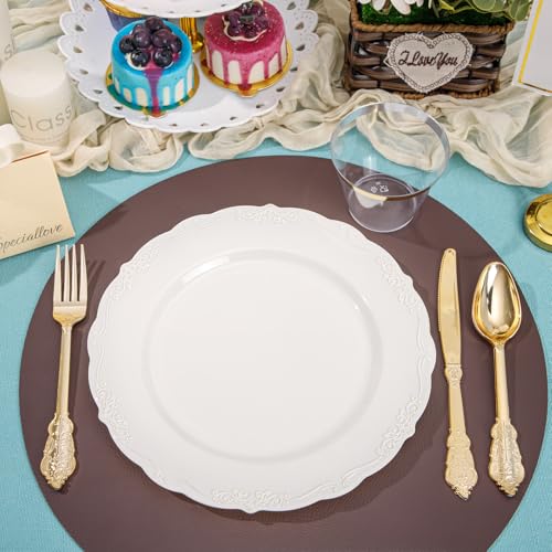 DaYammi Ivory Plastic Dinner Plates - 10 Inch Disposable Set for 60 Guests
