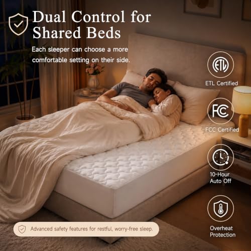 Electric Heated Mattress Pad Queen with Dual Control & 10 Heat Settings - White